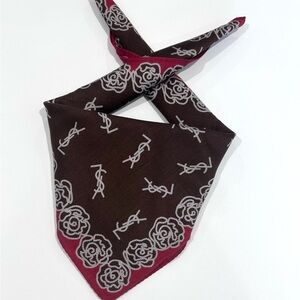 WOMEN HANDKERCHIEF YSL Logo ART FLORAL Rose Brown COTTON POCKET SQUARE 19”